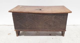 18th century six plank chest, the rectangular top with notched end decoration, applied moulded front