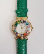 Brooks and Bentley Rialto gilt metal and millefiori wristwatch with green crocodile effect strap