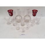 Pair of glass carafes of globular form with bands of cut decoration with a set of six tumblers and