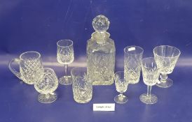 Suite of cut glass table glasses including decanter, wine glasses, tumblers, mugs, brandy