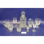 Suite of cut glass table glasses including decanter, wine glasses, tumblers, mugs, brandy