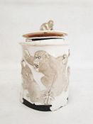 Japanese Meiji period carved ivory and ebony mounted tusk-pot and cover with monkeys autour