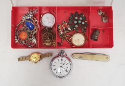 A small quantity of costume jewellery, brooches, Timex wristwatch, Services pocket watch, penknife