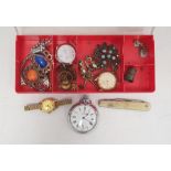 A small quantity of costume jewellery, brooches, Timex wristwatch, Services pocket watch, penknife