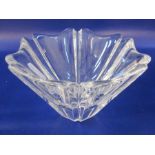 Orrefors glass bowl with petal edge, incised panel, tapering body, 18cm diameter