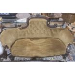 Early Victorian sofa with mahogany carved show frame, turned and carved front legs to white china