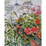 20th century school Oil on board Birdcages amongst flowers, initialled indistinctly lower left '