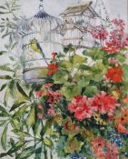 20th century school Oil on board Birdcages amongst flowers, initialled indistinctly lower left '