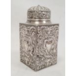 Victorian silver tea caddy, circular lid, rectangular canister, all-over repousse scroll and mask