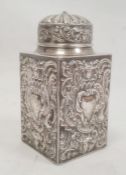 Victorian silver tea caddy, circular lid, rectangular canister, all-over repousse scroll and mask