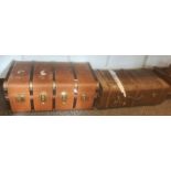 Two steamer trunks, an open wooden box, a copper planter and a tray (5)