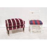 White painted ladderback chair and a plum ground white striped upholstered footstool on turned