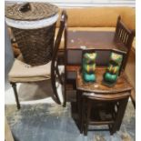 Three-tier shelving unit on castors, a nest of three tables, two frog book ends, a laundry basket