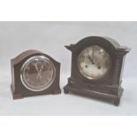 Smiths mantel clock in oak case and another mantel clock in oak case, with turned pilasters and