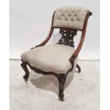 Early Victorian salon chair, carved walnut show frame, cream upholstered back and serpentine fronted