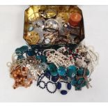 Quantity of costume jewellery, brooches, clip-on earrings, beaded necklaces etc (2 boxes)