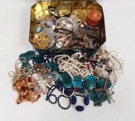 Quantity of costume jewellery, brooches, clip-on earrings, beaded necklaces etc (2 boxes)