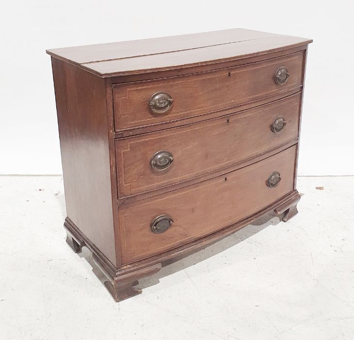 20th century mahogany bow-front three drawer chest on ogee bracket feet, 86cm x 73.5cm