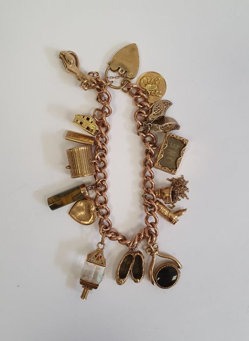 9ct gold curb link bracelet with 9ct gold padlock clasp, hung with assorted charms including a - Image 7 of 16
