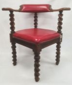 Oak framed chair, red leather backrest and seat, barleytwist supports