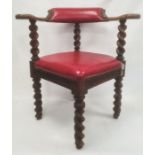 Oak framed chair, red leather backrest and seat, barleytwist supports