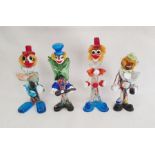 Murano glass clown playing an instrument, with blue top hat, 31cm high, another holding a ball, with