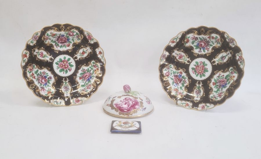 Pair of Worcester-style porcelain plates of shaped circular form, decorated with painted panels of