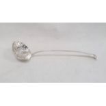 George III silver ladle, shell-shaped with scroll handle, indistinctly initialled to handle,
