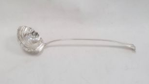 George III silver ladle, shell-shaped with scroll handle, indistinctly initialled to handle,