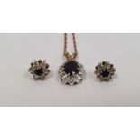 9ct gold sapphire and diamond flower shaped cluster pendant on a 10ct gold chain and a pair of