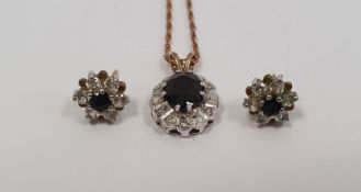 9ct gold sapphire and diamond flower shaped cluster pendant on a 10ct gold chain and a pair of