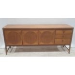 Mid-century modern teak sideboard, rectangular top above two central cupboard doors, the left hand a
