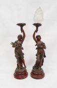 After Francois Moreau, pair of spelter lamps in form of female allegorical figures 'Musique' and '