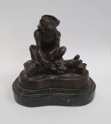 Bronze model of a monkey seated on a branch, marked 'Barie', on a black marble base, 11cm high