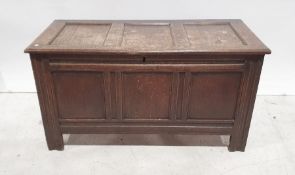 19th century oak coffer with rectangular top, triple panelled front, channelled stile supports,