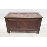 19th century oak coffer with rectangular top, triple panelled front, channelled stile supports,