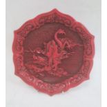 20th century Chinese cinnabar red lacquer hexagonal shaped dish, relief decorated with figure riding