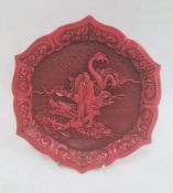 20th century Chinese cinnabar red lacquer hexagonal shaped dish, relief decorated with figure riding