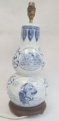 Chinese blue and white double-gourd vase/table lamp on turned wooden base, 45cm high