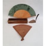 Wooden fan with pierced decoration, another fan in rectangular brass-bound figured hardwood box with