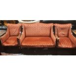Edwardian three-piece suite, two seat sofa and two single armchairs, mahogany and strung show