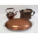 Large two-handled copper warmer of oval design, possibly a coaching foot warmer, 69cm long, a copper