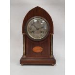 Mahogany satinwood inlay mantel clock arched top Arabic numerals to the metal dial turned