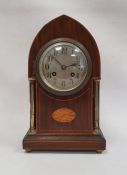 Mahogany satinwood inlay mantel clock arched top Arabic numerals to the metal dial turned