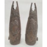 Pair of Japanese spelter vases, the faux bamboo bodies decorated with warrior figures, 28cm high (2)