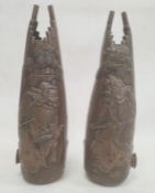 Pair of Japanese spelter vases, the faux bamboo bodies decorated with warrior figures, 28cm high (2)