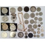 A silver sovereign case, six pence's, two shillings, a gilt coloured pocket watch and other silver