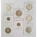 Eight George VI silver coins, labelled, in sealed containers, from very fine to uncirculated, a nice
