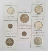 Eight George VI silver coins, labelled, in sealed containers, from very fine to uncirculated, a nice