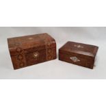 A walnut and parquetry inlaid work box and one further walnut and mother of pearl inlaid box (2)
